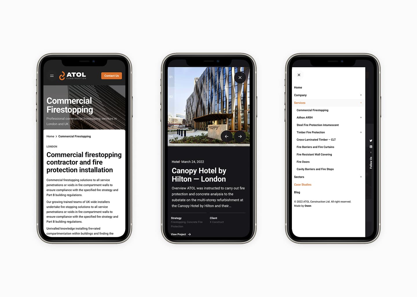 Mobile responsive views of service page, case study and navigation