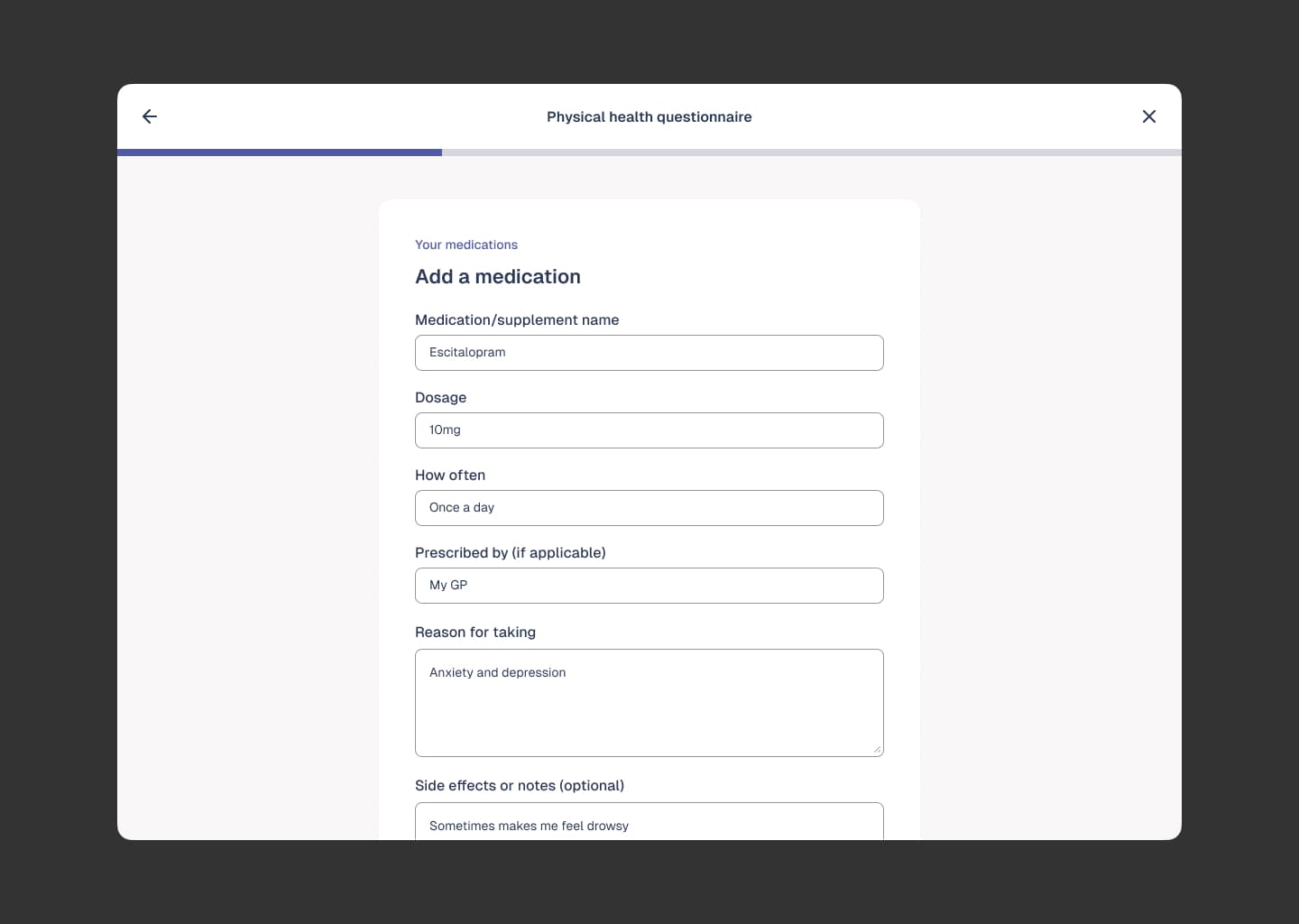Medication form within physical health questionnaire